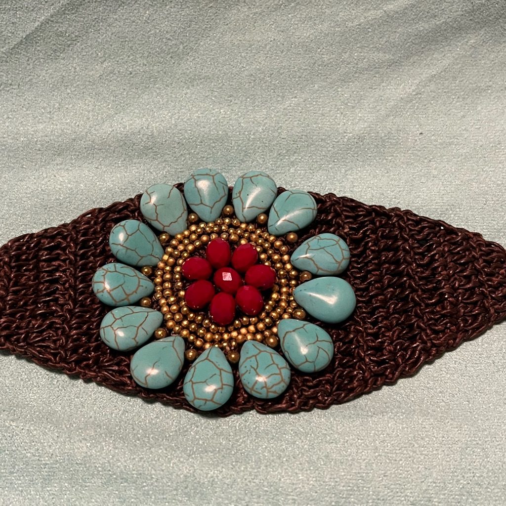 Boho Beaded Stones Faux Turquoise Crochet Cuff Bracelet Costume Jewellery